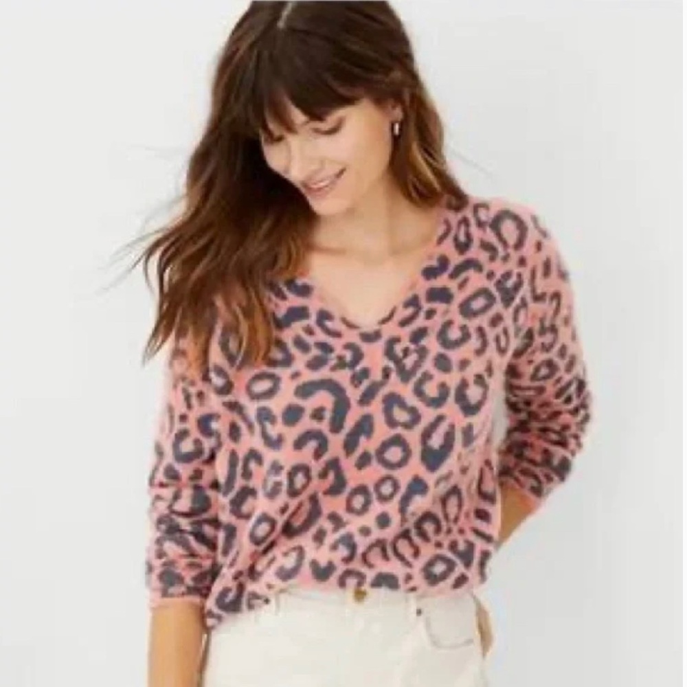 Ann Taylor leopard print so soft peach grey sweater S